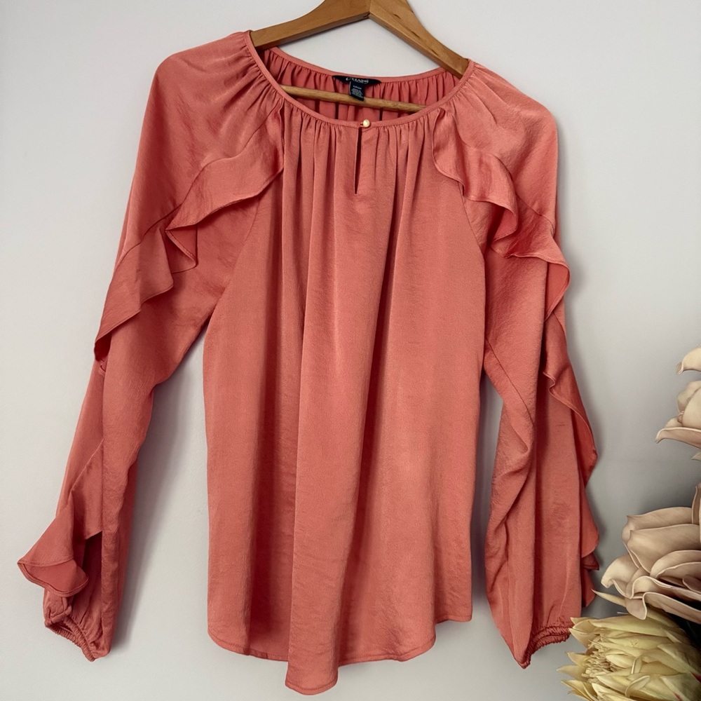 Chaps Women's Ruffle Elegant Hammered Satin Peasant Top Blouse Peach Small